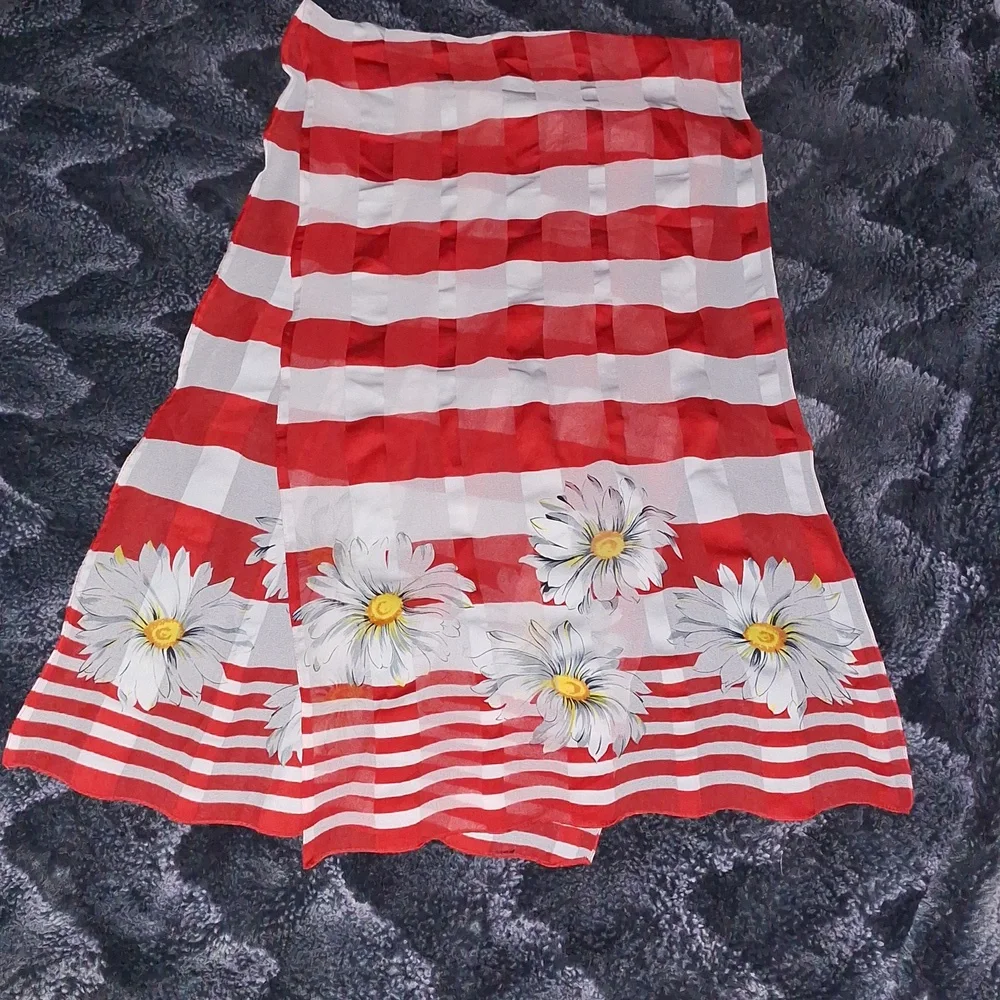 Red and White Checkered Scarf with Daisy Print